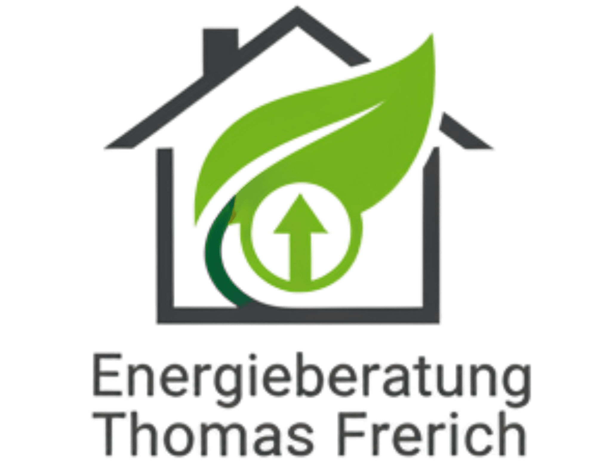 Logo von Energieberatung Thomas Frerich – stilisiertes Haus mit grünem Blatt und Pfeil, symbolisiert Energieeffizienz und Nachhaltigkeit.